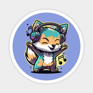 cute happy wolf wearing headphones music Magnet